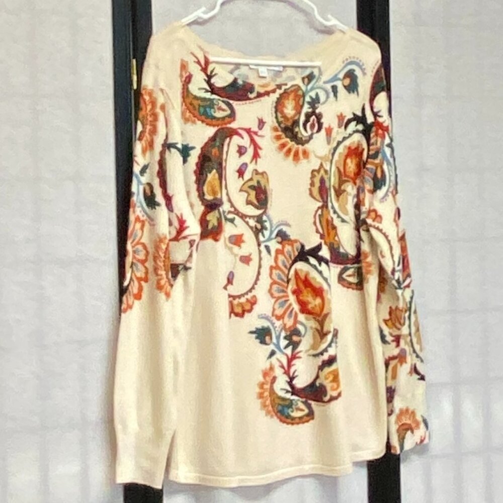 Chico’s Rust Green XL Knit Sweater Tee Long Sleeve Paisley Bateau Neck Pull Over - Picture 4 of 14